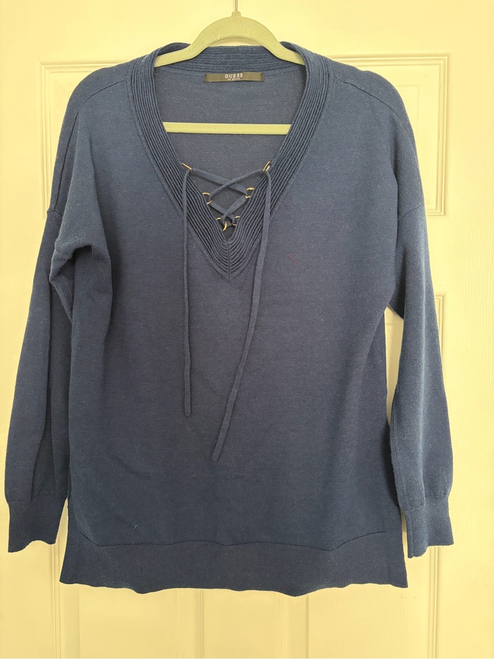 Guess Lace-Up V-Neck Navy Wool Blend Sweater